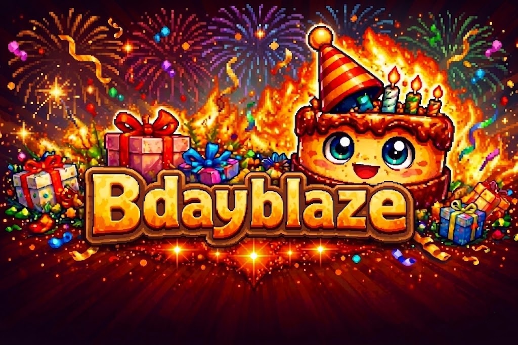 Bdayblaze banner with the mascot, party cake, gifts, balloons, and wordmark