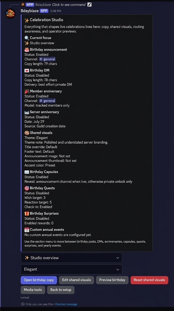 Bdayblaze Celebration Studio showing birthday announcements, DMs, anniversaries, surface routing and media, quests, surprises, and preview controls