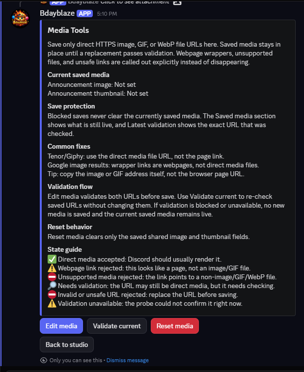 Bdayblaze Media Tools showing saved media, validation states, and controls for editing or resetting image URLs