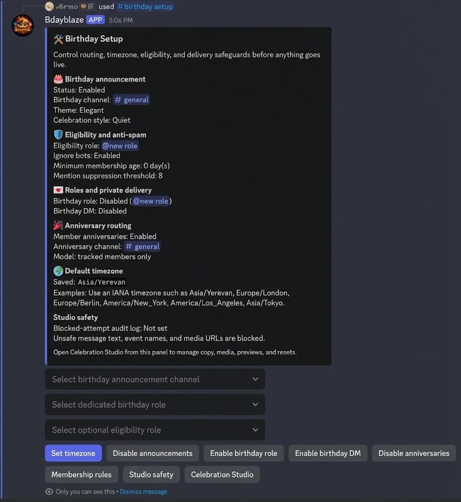 Bdayblaze Birthday Setup showing channel routing, eligibility rules, anniversary routing, timezone, and studio safety controls