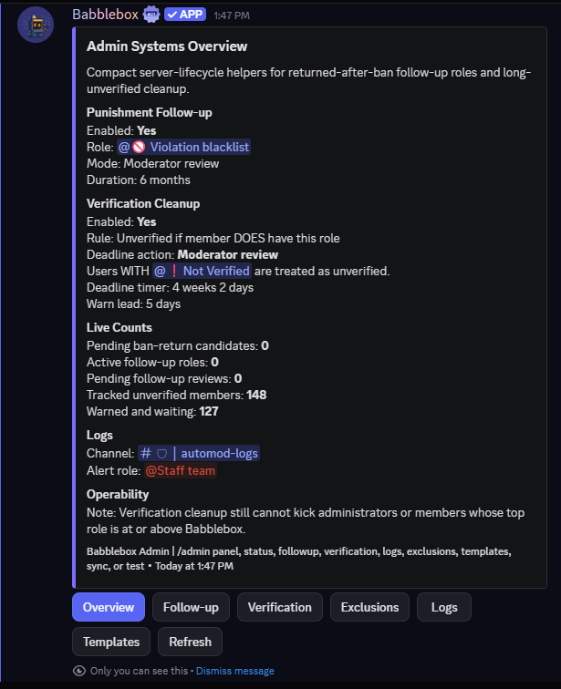 Babblebox admin lifecycle panel