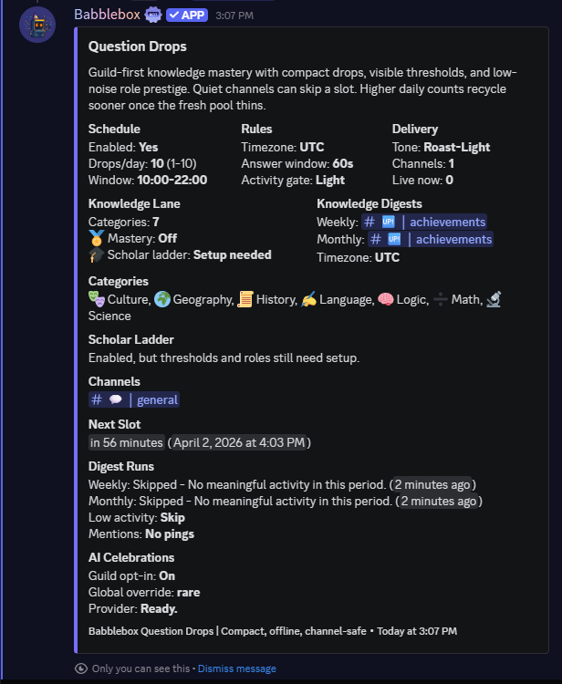 Babblebox Question Drops status panel