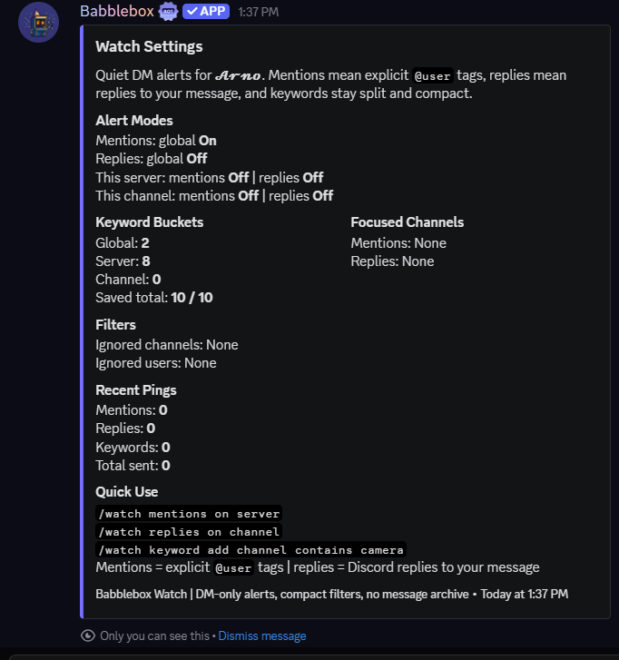 Babblebox Watch settings screen